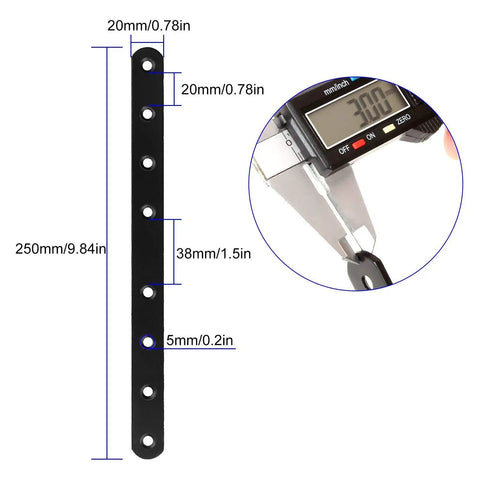 Heavy Duty Black Mending Plates 12 Pack measuring 250x20mm with 8 holes for furniture repair and joining.