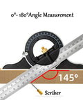 Heavy Duty Stainless Steel Combination Square For Framing And Finish Carpentry Featuring Versatile 0 To 180 Degree Angle Ruler with 145° measurement.