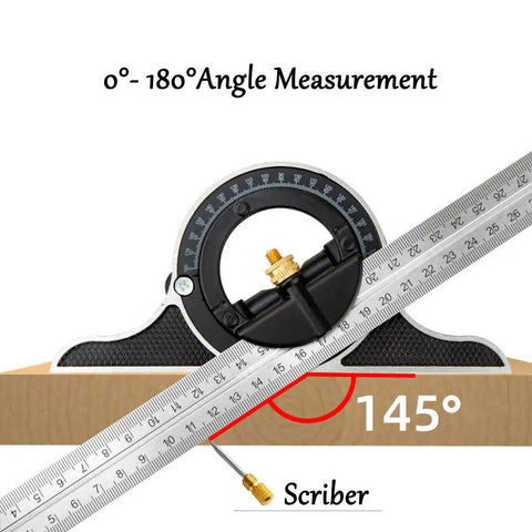 Heavy Duty Stainless Steel Combination Square For Framing And Finish Carpentry Featuring Versatile 0 To 180 Degree Angle Ruler with 145° measurement.