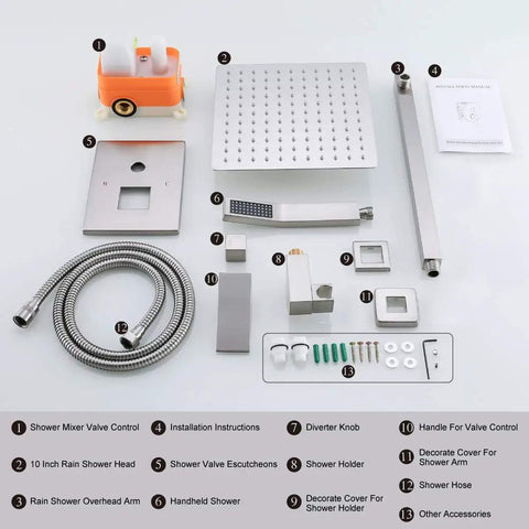 Components of Brushed Nickel Shower System With 10 Inch Rainfall Shower Head And Handheld Wall Mounted Shower Combo Set