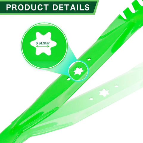Close-up of heavy-duty steel mulching blade with 6-point star hole for 42-inch mower deck. High Quality Mulching Blades Set For 42 Inch Mower Deck Fits Pony Bronco Xt1 Lt42 Zt1 Lawn Mowers Replaces Oem 942-04308 942-0616 742-0616 942-04126 Heavy Duty Steel Two Pack.