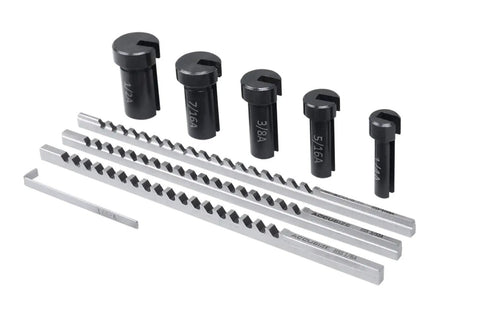 No BS No 00 HSS Keyway Broach Precision Set with black slotted bushings, shims, and precision broaches on white background.