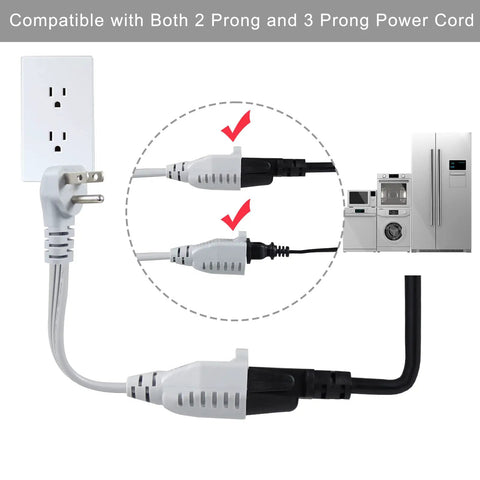 Beefed Up Heavy Duty 3 Foot Appliance Extension Cord 14 AWG 3 Prong Flat Wire SPT 3 Grounded Cable For Major AC Unit Air Conditioner Refrigerator Low Profile Male To Female Extender shown in use