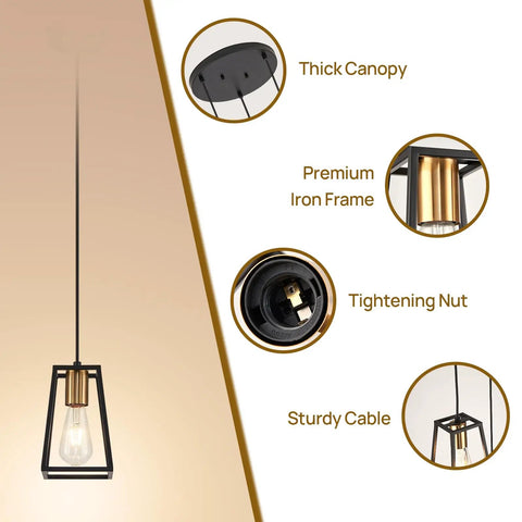 Lantern Style Pendant Light With Iron Cage Frame, Modern Vintage Vibe, Brushed Black Round Canopy, 3 E26 Bulbs, design details