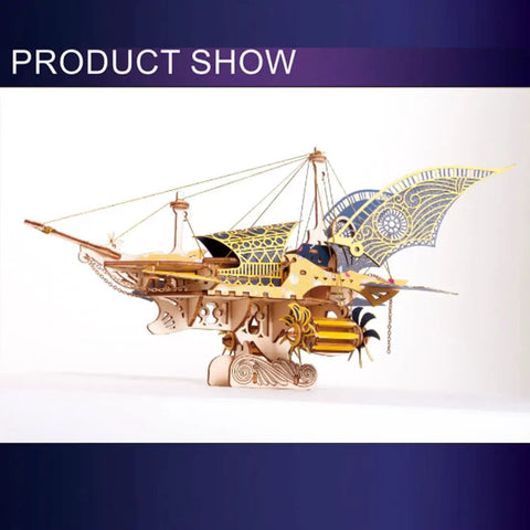 Hands On Dope 3D Wooden Puzzle Kit For Adults Spaceship Flyship With 300 Plus Pieces Steampunk DIY Model Build Kit side view.