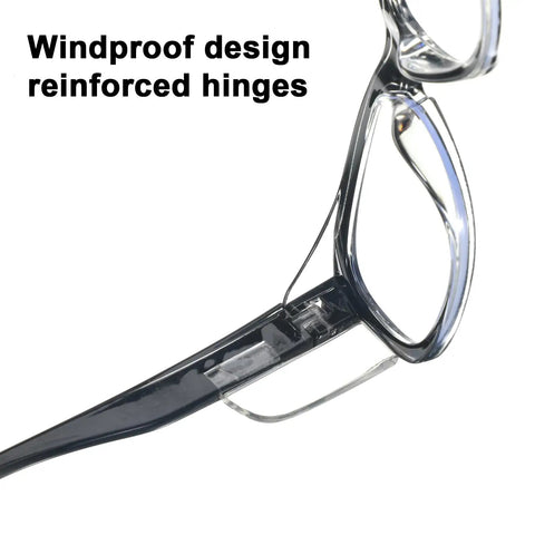 Close-up of Heavy Duty Shop Ready Anti Fog Safety Glasses Featuring Rock Solid Side Shields and Easy Adjust Temples with reinforced hinges.