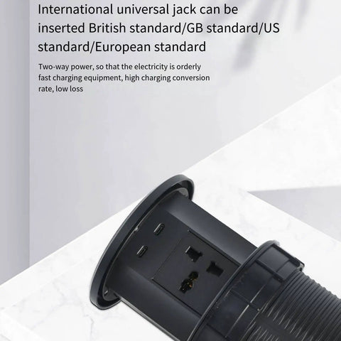 Hella Convenient Smart Pop Up Desk Power Strip With Built In Wireless Charging, Waterproof Flame Resistant Cover, Hidden Lifting Outlet, Rock Solid Compact Hub That Is A Total Workspace Game Changer And Keeps Cord Clutter Completely Out Of Sight, showing universal jack and USB ports.