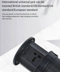 Slick Smart Pop Up Desk Power Strip With Built In Wireless Charging And Auto Lift Design Flame Retardant Hidden Layout No Sweat Installation For Tight Spaces showing international universal jack and USB ports.