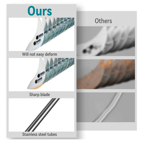 Comparison showing sharp blade and stainless steel tubes of Heavy Duty Dethatcher Rake For Lawns With 5 Ft Handle And 70 Inch Adjustable Shaft 19 Tine Thatch Rake For Lawn Loosening Soil And Removal Of Dead Grass For Yard Work Carbon Steel With Rust Resistant Coating.