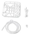 Tiny But Mighty Portable Mini Dishwasher With 360 Degree Directional Spray And Usb Battery, white plastic cup rack and hoses.