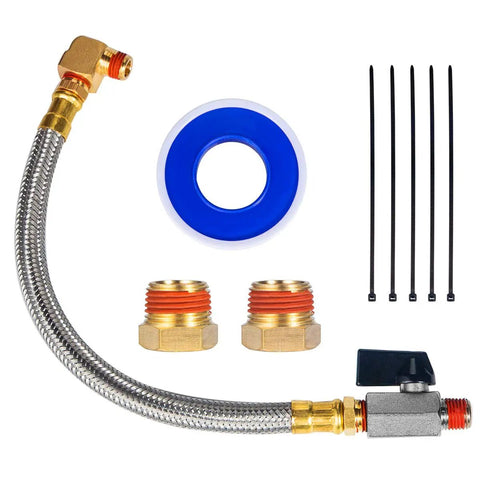 Extended Tank Drain Valve Assembly Kit For Air Compressors With Ten Inch Braided Steel Hose One Quarter Inch NPT Drain Valve