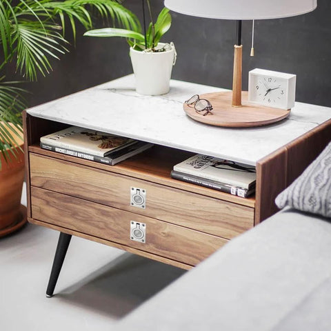 Wooden side table with two pack stainless steel flush ring pull handles for marine hatches cabinets and doors, decor items on top.
