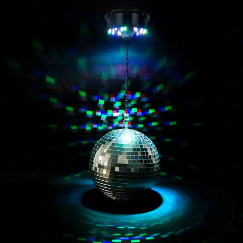 8 Inch Hanging Disco Ball With Motor And Light 6 RPM Rotating Mirror Ball Featuring 4 RGBW Colors And 18 LEDs Battery Powered