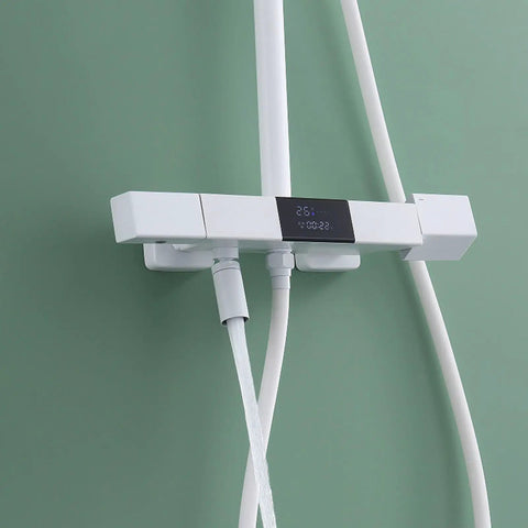 Wall Mounted Exposed Shower System 3 Functions Chrome with digital display and modern design on green wall background.