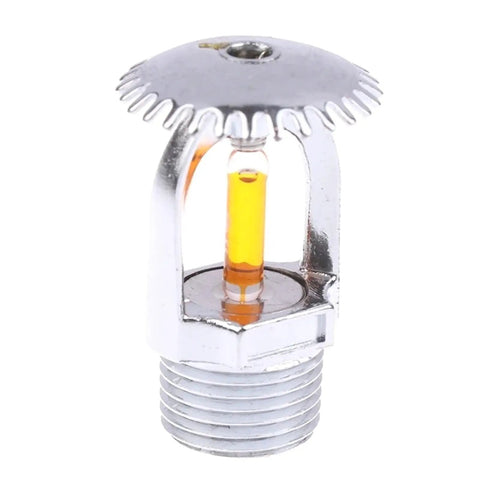Two Pack Upright Copper Fire Sprinkler Heads Deliver Real Deal Fire Safety With Quick 135F Activation Solid Half Inch Threads And Heavy Duty Craftsmanship That Slays Every Inspection, chrome steel with visible heat bulb.