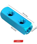 Four Piece Two Way Five Port Aluminum Air Compressor Manifold With One Quarter Inch Output Port And One Quarter Inch Supply Port Durable Aluminum Air Distribution Block Splitter For Easy Pneumatic Connections in blue, with size measurements.