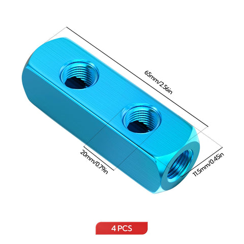Four Piece Two Way Five Port Aluminum Air Compressor Manifold With One Quarter Inch Output Port And One Quarter Inch Supply Port Durable Aluminum Air Distribution Block Splitter For Easy Pneumatic Connections in blue, with size measurements.