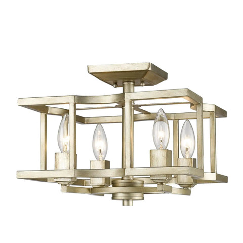 Bellare 4-Light White Gold Semi-Flush Mount Ceiling Light with geometric cage and candelabra design