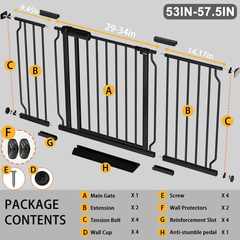 Extra Wide Baby Gate For Doorways 53 To 57.5 Inches Walk Through Pressure Mounted No Drill With Extensions 30 Inch Tall Tension Gate Ideal For Kids And Pets With An Easy Swing Door layout image showing gate components and dimensions.