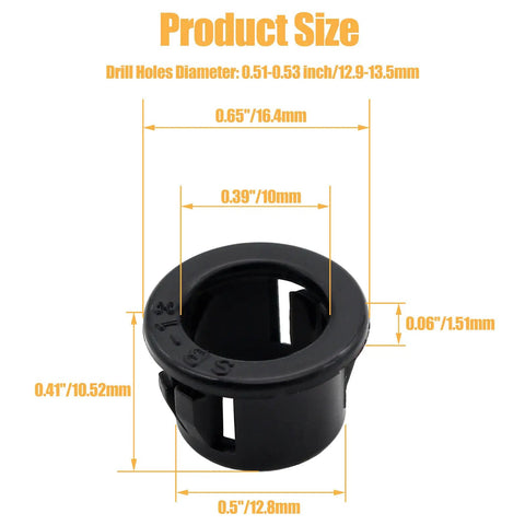 60 Pack 1/2 Inch Snap In Cable Bushing Grommets In Black Nylon Locking Housings dimensions labeled on white background