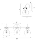 Diagram of Over Mirror Gold Bathroom Light Fixture With Three Clear Glass Globe Shades Modern Minimalist Vanity Lighting, dimensions included.