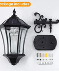 Solar Powered Outdoor Wall Lantern Wireless Dusk To Dawn Light 21 Inch LED Wall Sconce with mounting accessories displayed