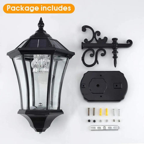 Solar Powered Outdoor Wall Lantern Wireless Dusk To Dawn Light 21 Inch LED Wall Sconce with mounting accessories displayed