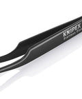 ESD Precision Tweezers With Sickle Tips, Anti Magnetic Stainless Chrome Nickel Steel, Non Reflective Black Coating resting on white surface