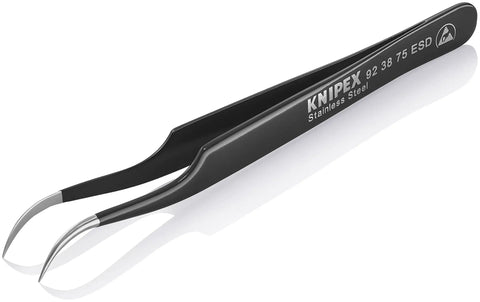 ESD Precision Tweezers With Sickle Tips, Anti Magnetic Stainless Chrome Nickel Steel, Non Reflective Black Coating resting on white surface
