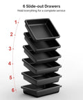Stacked slide-out drawers of Sturdy Salon Trolley With Lock And Six Drawers, Hot Tools Holder, Wheels, Hair Cart Organizer.