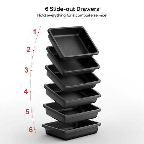 Stacked slide-out drawers of Sturdy Salon Trolley With Lock And Six Drawers, Hot Tools Holder, Wheels, Hair Cart Organizer.