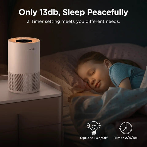 Powerful H13 True HEPA Air Purifier For Large Rooms Up To 1200 Sq Ft With Fragrance Sponge on bedside table near sleeping child