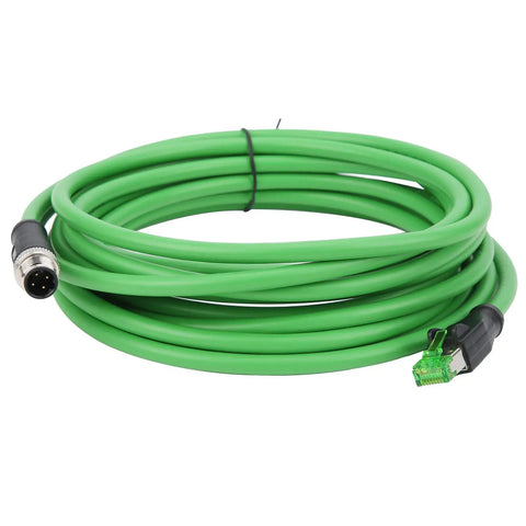 Industrial Cat6 RJ45 Ethernet Patch Cord 5m IP67 Tough 24 AWG Cable for Factory Automation and Control Cabinets High Speed Data Link for Machinery and Industrial Equipment Rugged Built For The Shop Floor Industrial Grade Performance, coiled green cable