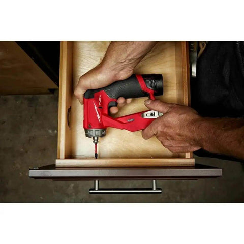 Professional Installation Drill And Driver Featuring All Steel Three Eighth Inch Chuck And Multiple Hex Adapters And Lightweight Cordless Power Tool With Heavy Duty Belt Clip And Spacious Contractor Bag For Tough Trade Work, being used in drawer.