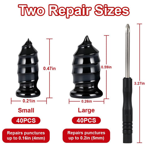 Alt Tag: Two sizes of screw-in plugs from 84 Piece Tire Repair Kit With Screw In Plugs For Punctures And Holes Fast Grab And Go Tubeless Flat Emergency Repair Tool Set For Cars Motorcycles Trucks ATVs UTVs And Farm Vehicles