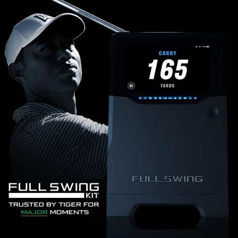 Golf Launch Monitor And Simulator Kit With 16 Data Points And 5D AI Radar display showing carry distance of 165 yards