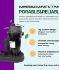 Half HP Submersible Sump Pump With Vertical Float Switch For Clean Or Dirty Water, Delivers 3600 GPH, 22 Ft Immersion, 31 Ft Head, Durable Thermoplastic Utility Pump PSU051V displayed with features