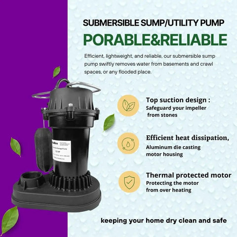 Half HP Submersible Sump Pump With Vertical Float Switch For Clean Or Dirty Water, Delivers 3600 GPH, 22 Ft Immersion, 31 Ft Head, Durable Thermoplastic Utility Pump PSU051V displayed with features