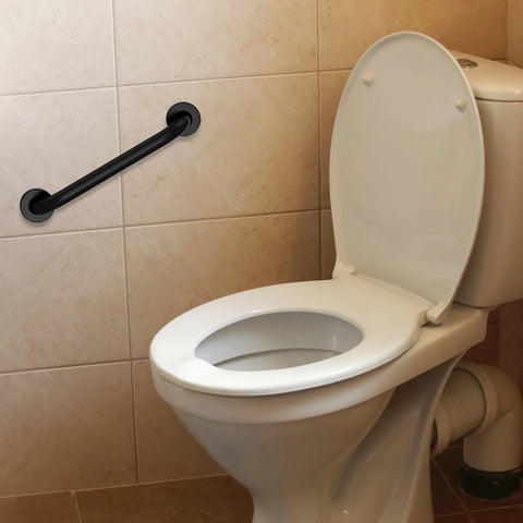 Tough As Nails 4 Pack Bathroom Grab Bars In Satin Black 20 Inch Long 304 Stainless Steel Safety Rails mounted next to toilet