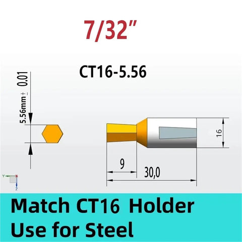 Diagram of Beast Mode Rotary Broaching Tool Set CT16 HSS Tin Coated 16mm Shank Inner Hexagon For Steel 7/32 inch size