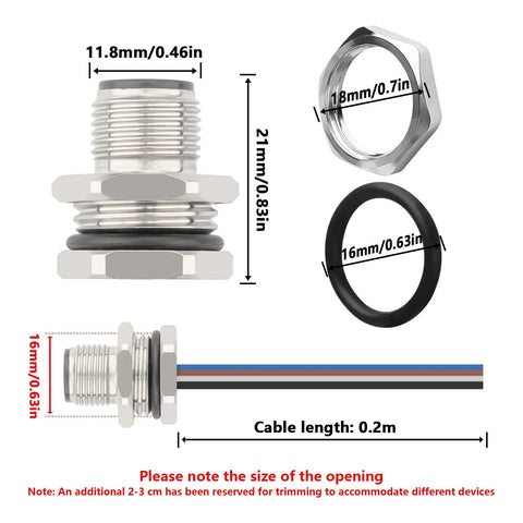 Diagram of M12 4 Pin A Coded Male Aviation Connector Cable 0.7 Ft Waterproof Industrial Bulkhead Panel Mount with dimensions.
