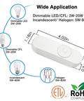 Full Range Inline Dimmer Switch For Dimmable LEDs And Incandescents, white corded switch, size dimensions, compatible with LED, CFL, halogen bulbs.
