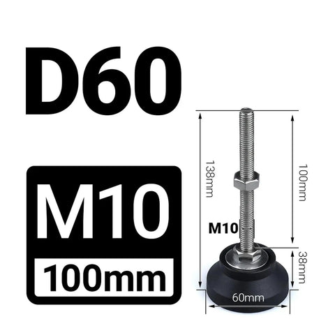 Heavy Duty Adjustable Leveling Feet With Swivel Bases And Universal M8 M10 M12 Threads For Furniture And Lathes Offering No Sweat Installation And Rock Solid Support For Garage Projects, 100mm tall with nylon pad.