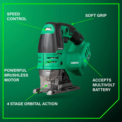 36V Cordless Brushless Orbital Jig Saw With 4 Stage Orbital Action And Variable Speed Control For Fast Clean Cuts Boss Level Performance Lightweight Tool Design Body Only showing speed control, soft grip, and multi-volt battery acceptance against green background.