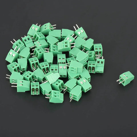 50 PCS 2 Pin 2.54mm Pitch PCB Screw Terminal Block Connectors Plastic Universal PCB Mount Assortment Kit For DIY Electronics Projects Including USB Wiring scattered on a surface
