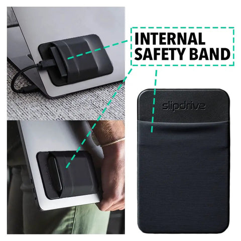 On The Go Portable SSD Sleeve For Laptop with adhesive pouch on laptop, showing internal safety band.