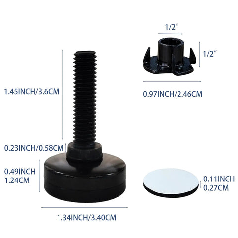 Adjustable 3/8 Inch 16 Thread Furniture Leveling Feet With T Nuts, 4 Pack showing detailed dimensions and features for stability.