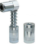 90 Degree Grease Gun Coupler Adapter in Carbon Steel, Beefed-Up Quick Connect, 3000-4500 PSI, Galvanized Finish featuring two attachments