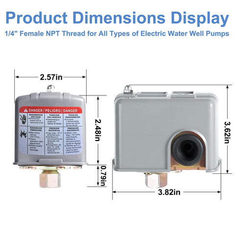 Well Water Pump Pressure Switch 40 60 PSI With Adjustable Differential One Quarter Inch NPT Auto Control product dimensions