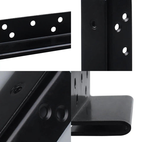 Close-up of Heavy Duty Bed Frame Hardware Double Hook Slot Bed Post Brackets 4 PCS Black Powder Coated Iron, showing mounting holes.